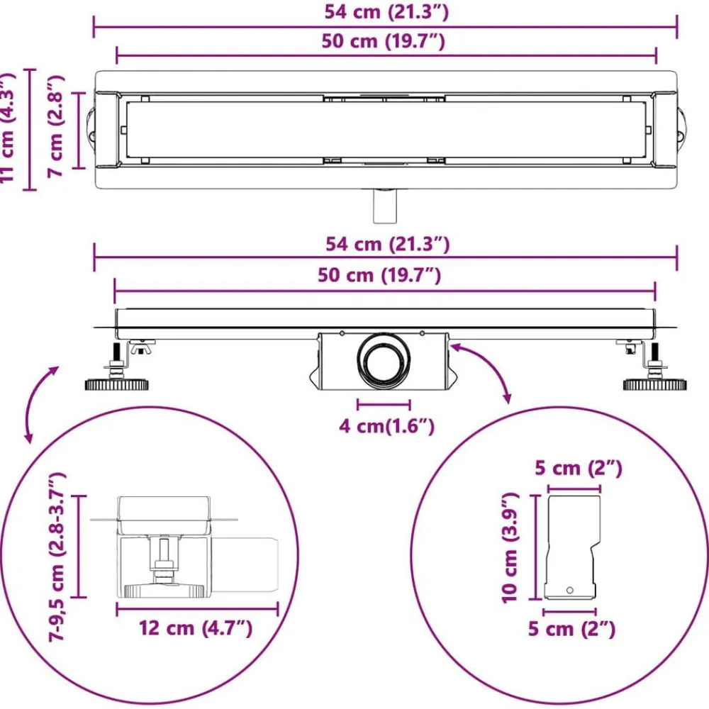 vidaXL Fontanería-Drenaje de ducha 2 en 1 50 cm Acero inoxidable 304