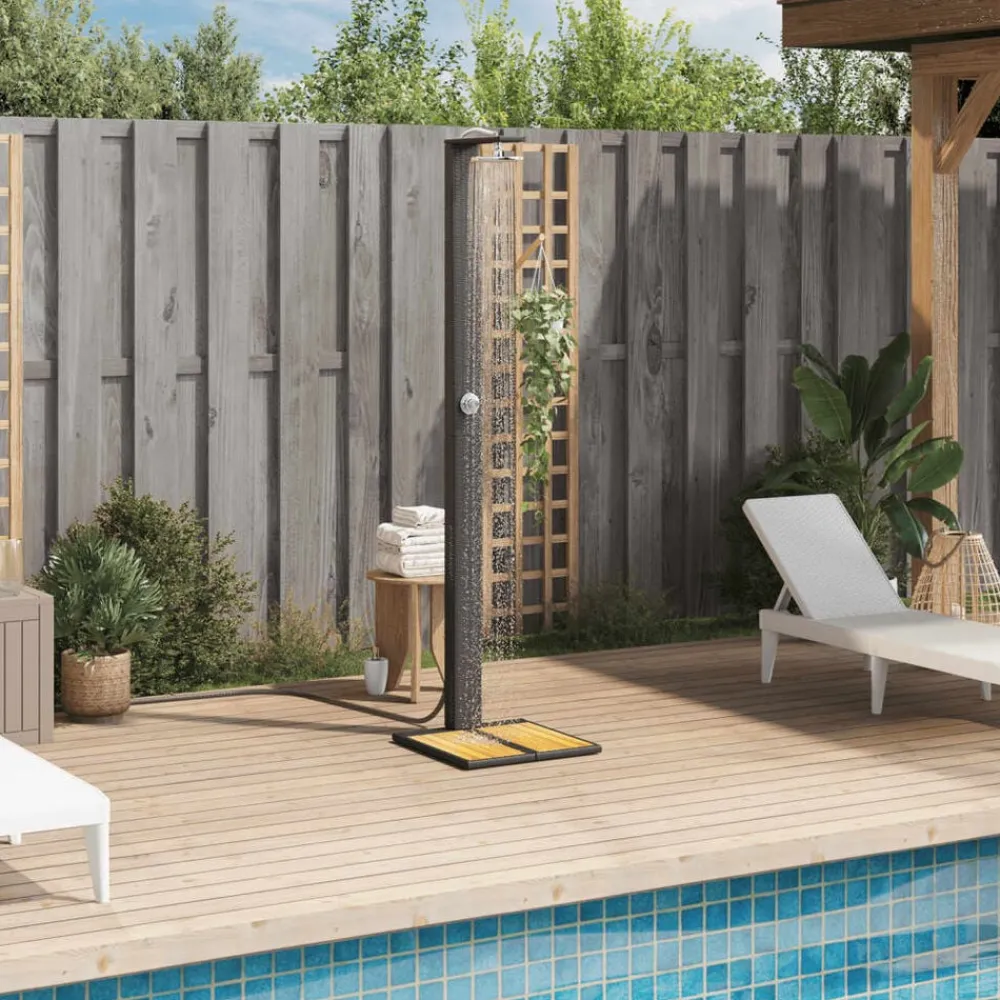 vidaXL Ducha de exterior ratán PE y madera acacia 50x55x224 cm Negro Outlet