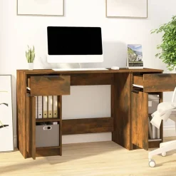 vidaXL Escritorio con armario lateral contrachapada Roble ahumado Best