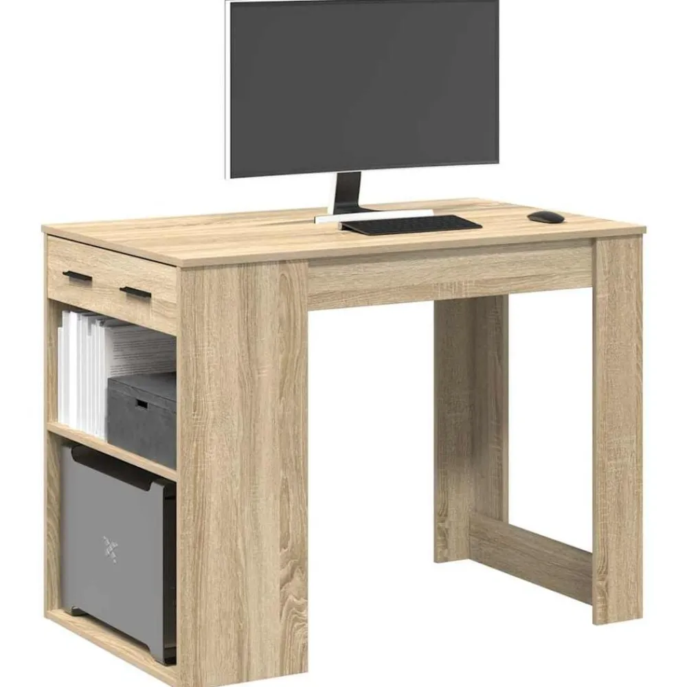 vidaXL Escritorio con cajón estante madera contrachapada Roble Sonoma