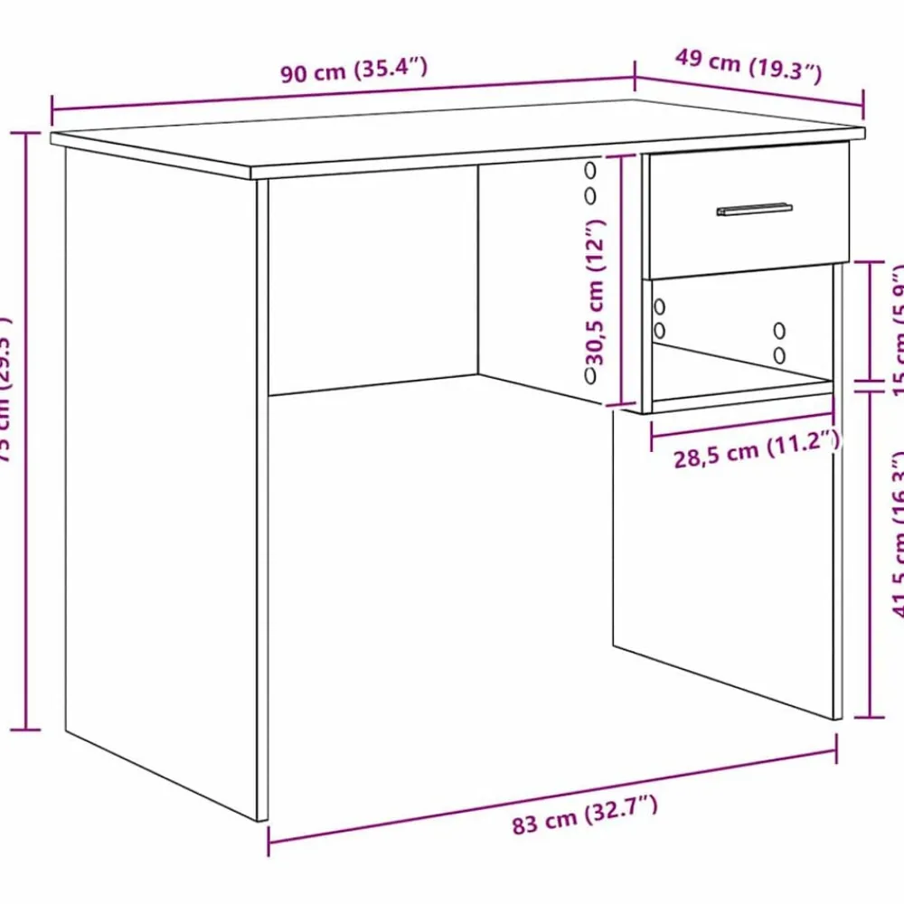 vidaXL Escritorio con cajón 90 x 49 x 75 cm Madera de ingeniería White New