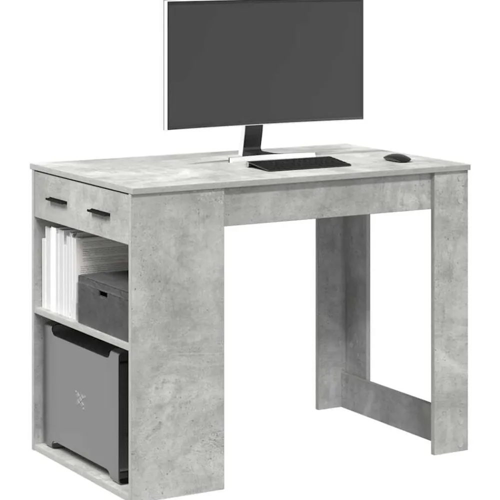 vidaXL Escritorio con cajón estante madera contrachapada gris hormigón Gris hormigón Best