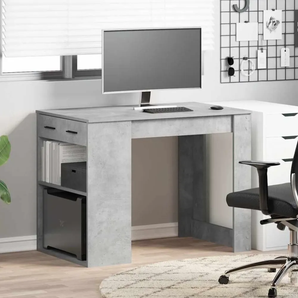 vidaXL Escritorio con cajón estante madera contrachapada gris hormigón Gris hormigón Best