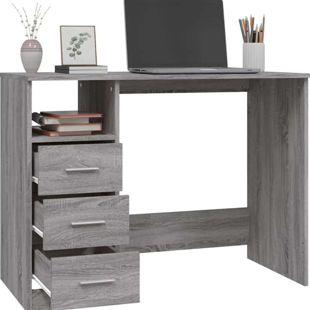 vidaXL Escritorio con cajones contrachapada 102x50x76 cm Gris sonoma New