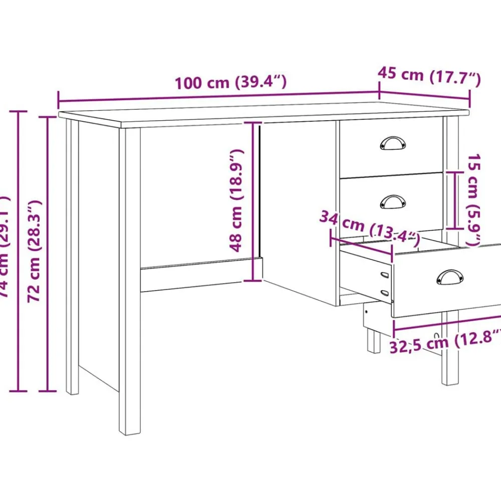 vidaXL Mobiliario De Oficina-Escritorio con cajones Hill Marrón miel 100 x 45 x 74 cm