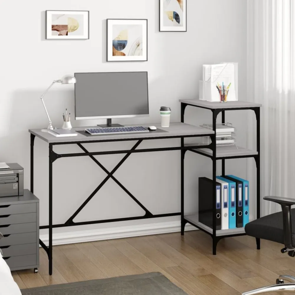 vidaXL Escritorio con estantes hierro y madera 135x50x90cm Gris sonoma Sale