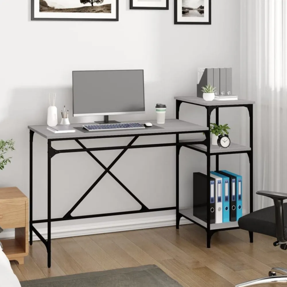 vidaXL Escritorio con estantes hierro y madera 135x50x90cm Gris sonoma Sale