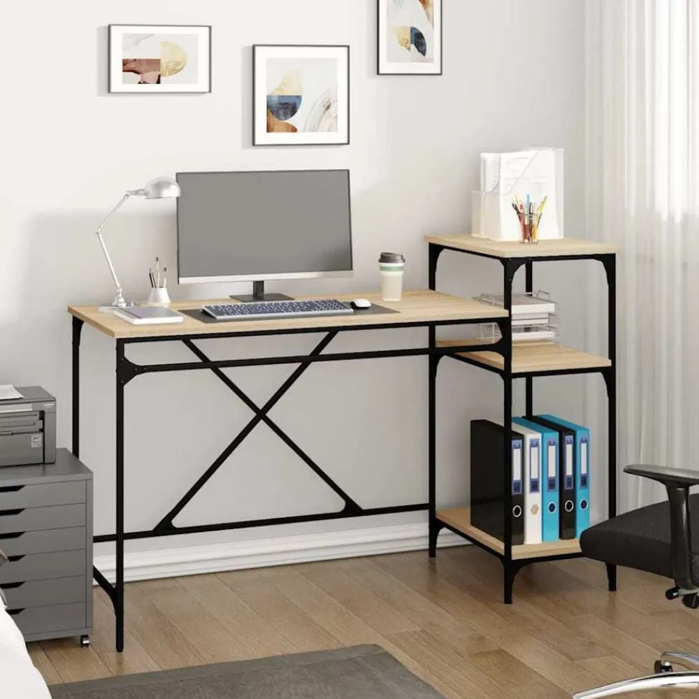 vidaXL Escritorio con estantes madera contrachapada roble 135x50x90 cm Roble Sonoma Sale