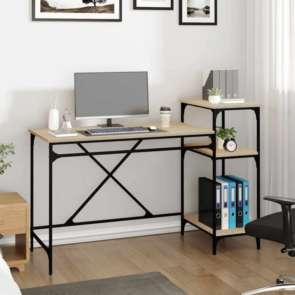 vidaXL Escritorio con estantes madera contrachapada roble 135x50x90 cm Roble Sonoma Sale