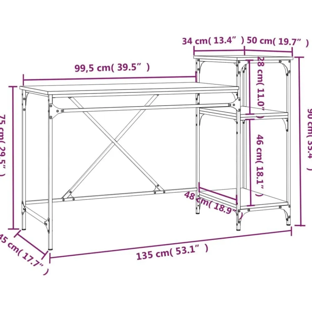 vidaXL Escritorio con estantes madera contrachapada roble 135x50x90 cm Roble Sonoma Sale