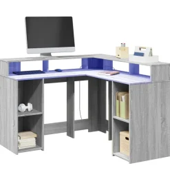 vidaXL Escritorio con LED madera ingeniería 130x130x91cm Gris sonoma New