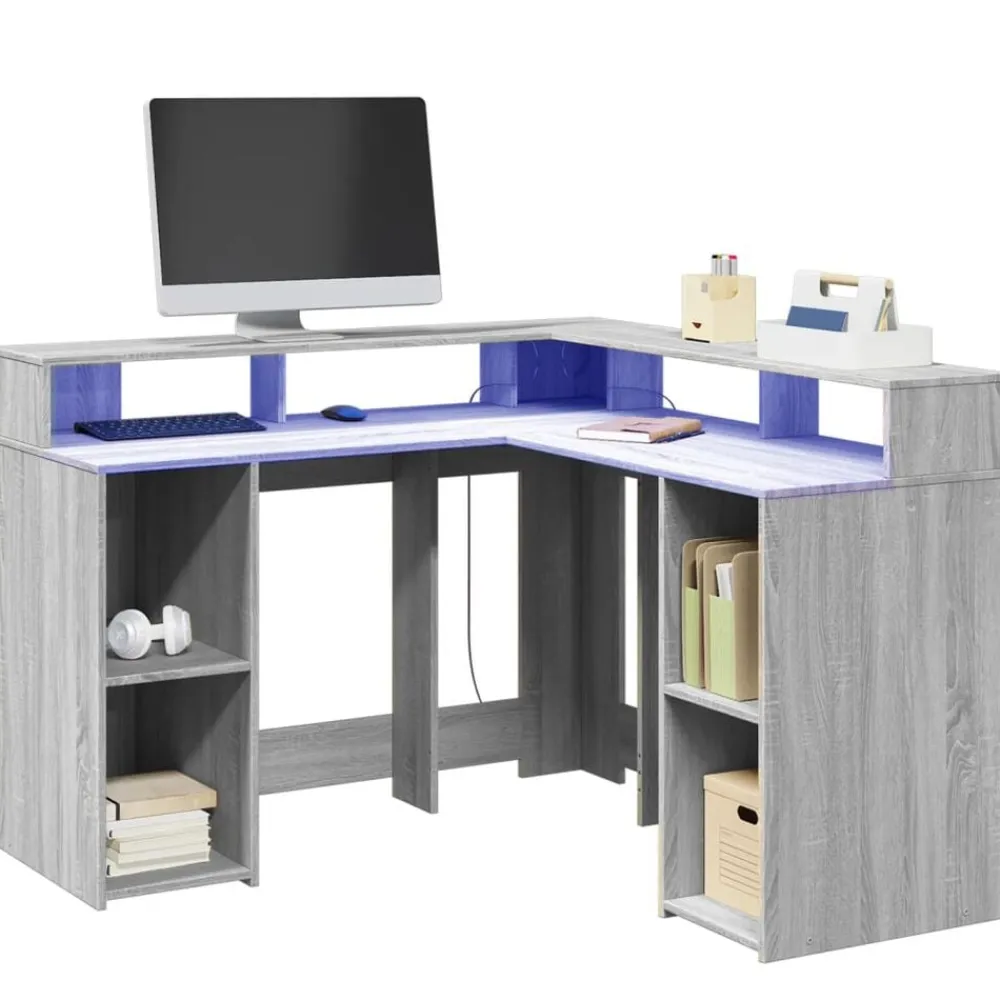 vidaXL Escritorio con LED madera ingeniería 130x130x91cm Gris sonoma New