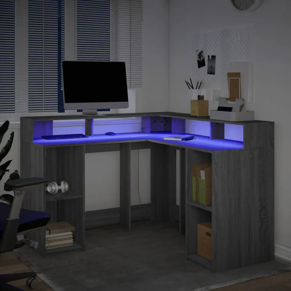 vidaXL Escritorio con LED madera ingeniería 130x130x91cm Gris sonoma New