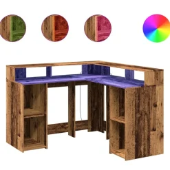 vidaXL Escritorio con LED madera ingeniería envejecida 130x130x91 cm Madera antigua