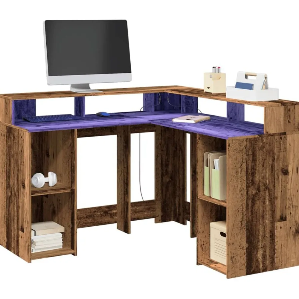 vidaXL Escritorio con LED madera ingeniería envejecida 130x130x91 cm Madera antigua