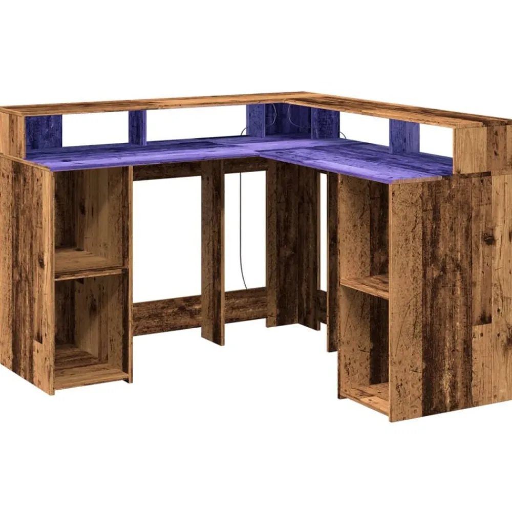 vidaXL Escritorio con LED madera ingeniería envejecida 130x130x91 cm Madera antigua