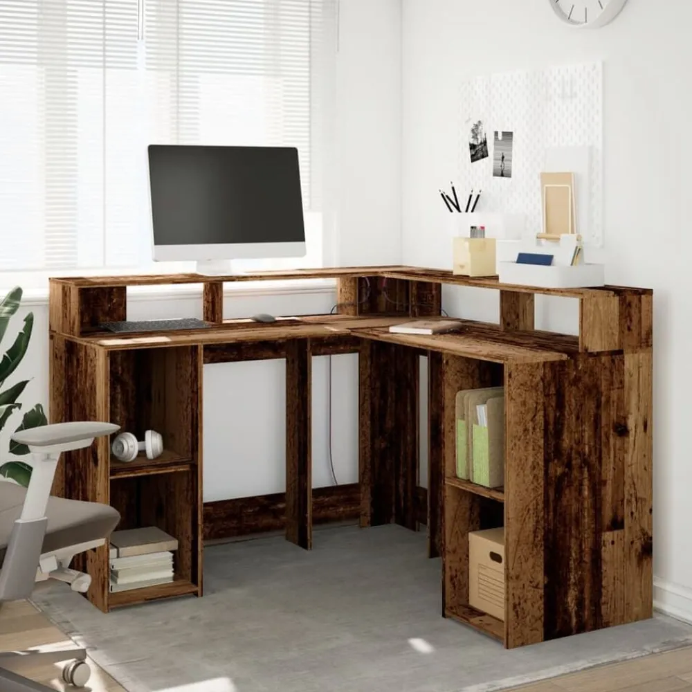 vidaXL Escritorio con LED madera ingeniería envejecida 130x130x91 cm Madera antigua