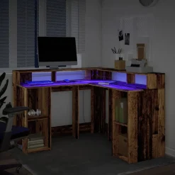 vidaXL Escritorio con LED madera ingeniería envejecida 130x130x91 cm Madera antigua