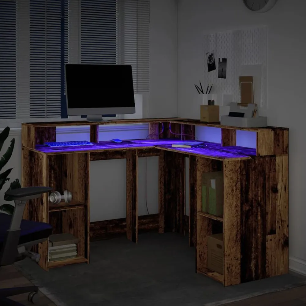 vidaXL Escritorio con LED madera ingeniería envejecida 130x130x91 cm Madera antigua
