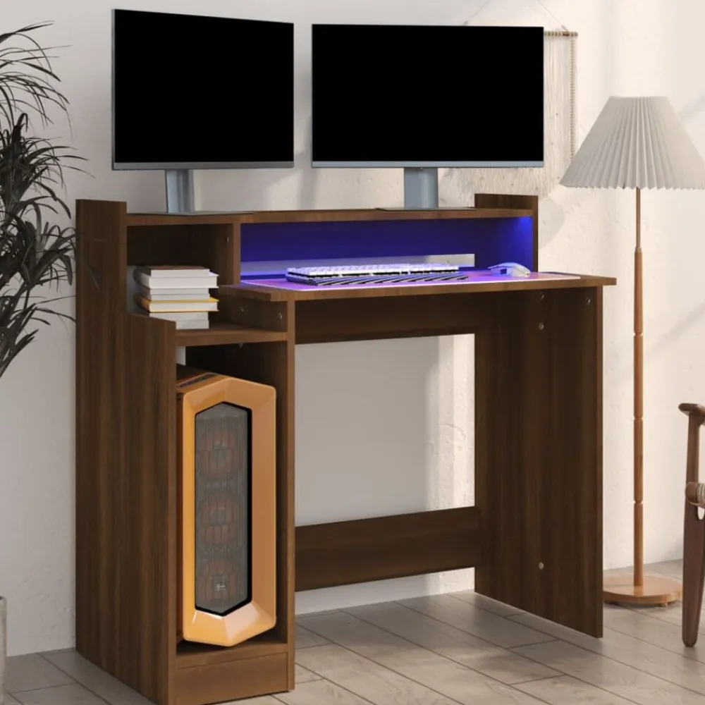 vidaXL Escritorio con LED madera ingeniería marrón roble 97x45x90 cm Marrón roble Best