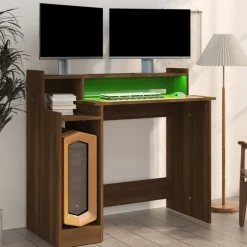 vidaXL Escritorio con LED madera ingeniería marrón roble 97x45x90 cm Marrón roble Best