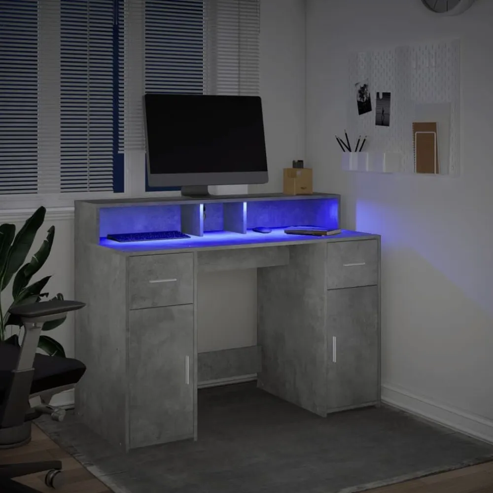 vidaXL Mobiliario De Oficina-Escritorio con LED madera ingeniería gris hormigón 120x55x91 cm