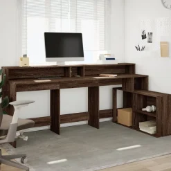 vidaXL Escritorio con LED madera ingeniería marrón roble 200x104x91 cm Marr&oacute;n roble Clearance
