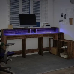 vidaXL Escritorio con LED madera ingeniería marrón roble 200x104x91 cm Marr&oacute;n roble Clearance