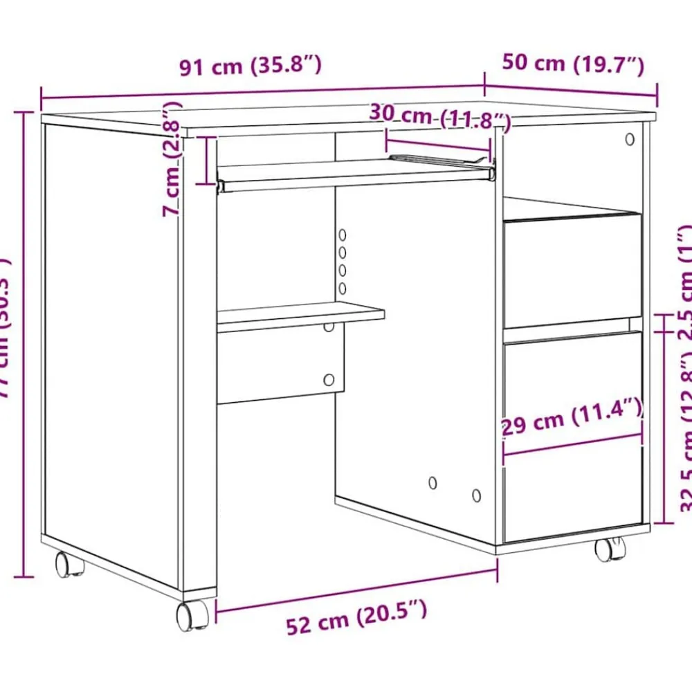 vidaXL Escritorio con Ruedas con cajón 91 x 50 x 77 cm Roble Sonoma Clearance