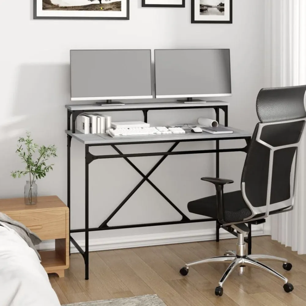 vidaXL Escritorio de hierro y contrachapada 100x50x90 cm Gris sonoma Sale