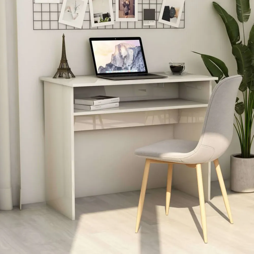 vidaXL Mobiliario De Oficina-Escritorio de madera contrachapada blanco brillo 90x50x74 cm