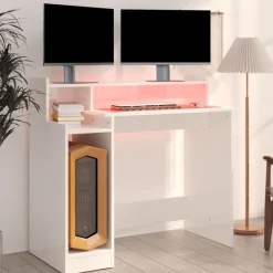vidaXL Escritorio LED madera contrachapada blanco brillo 97x45x90 cm Blanco brillante Discount