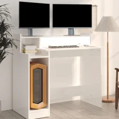 vidaXL Escritorio LED madera contrachapada blanco brillo 97x45x90 cm Blanco brillante Discount