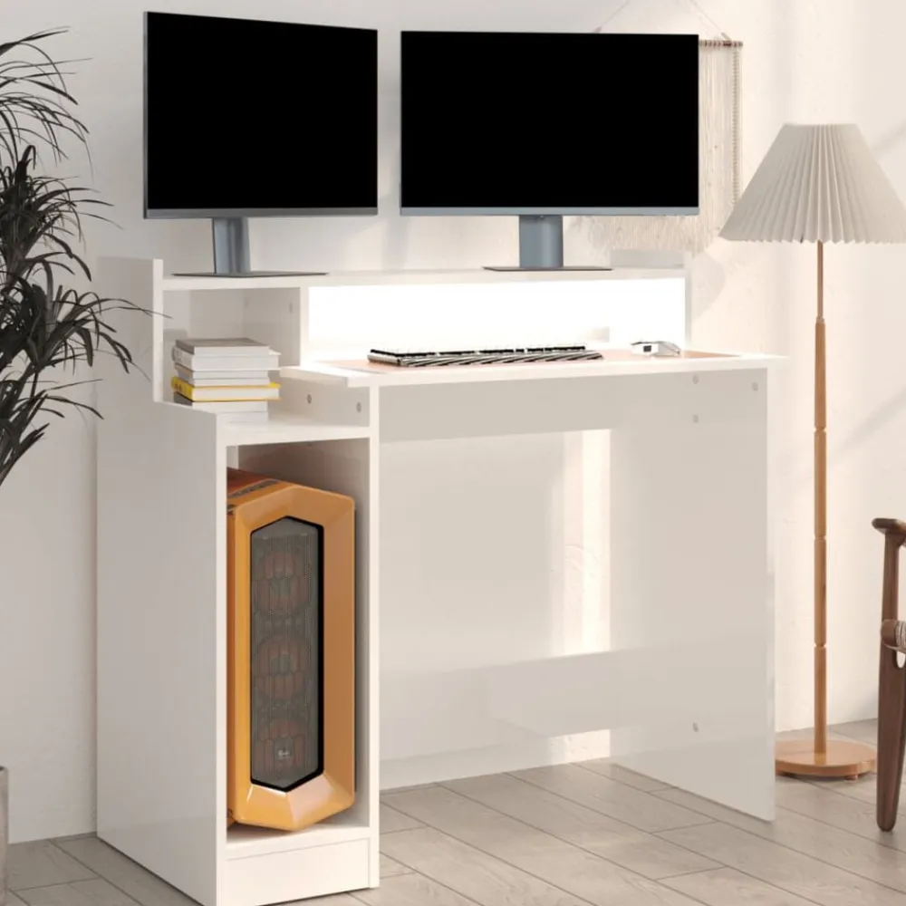 vidaXL Escritorio LED madera contrachapada blanco brillo 97x45x90 cm Blanco brillante Discount