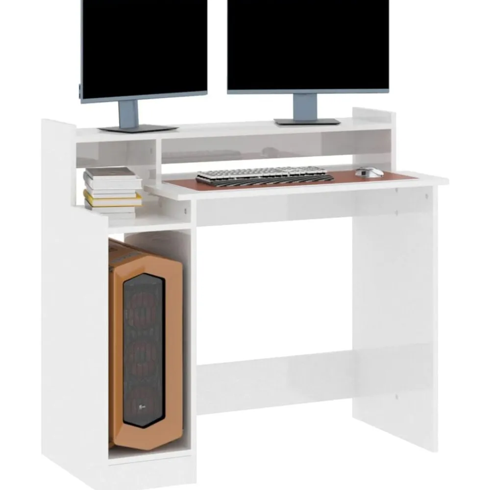 vidaXL Escritorio LED madera contrachapada blanco brillo 97x45x90 cm Blanco brillante Discount