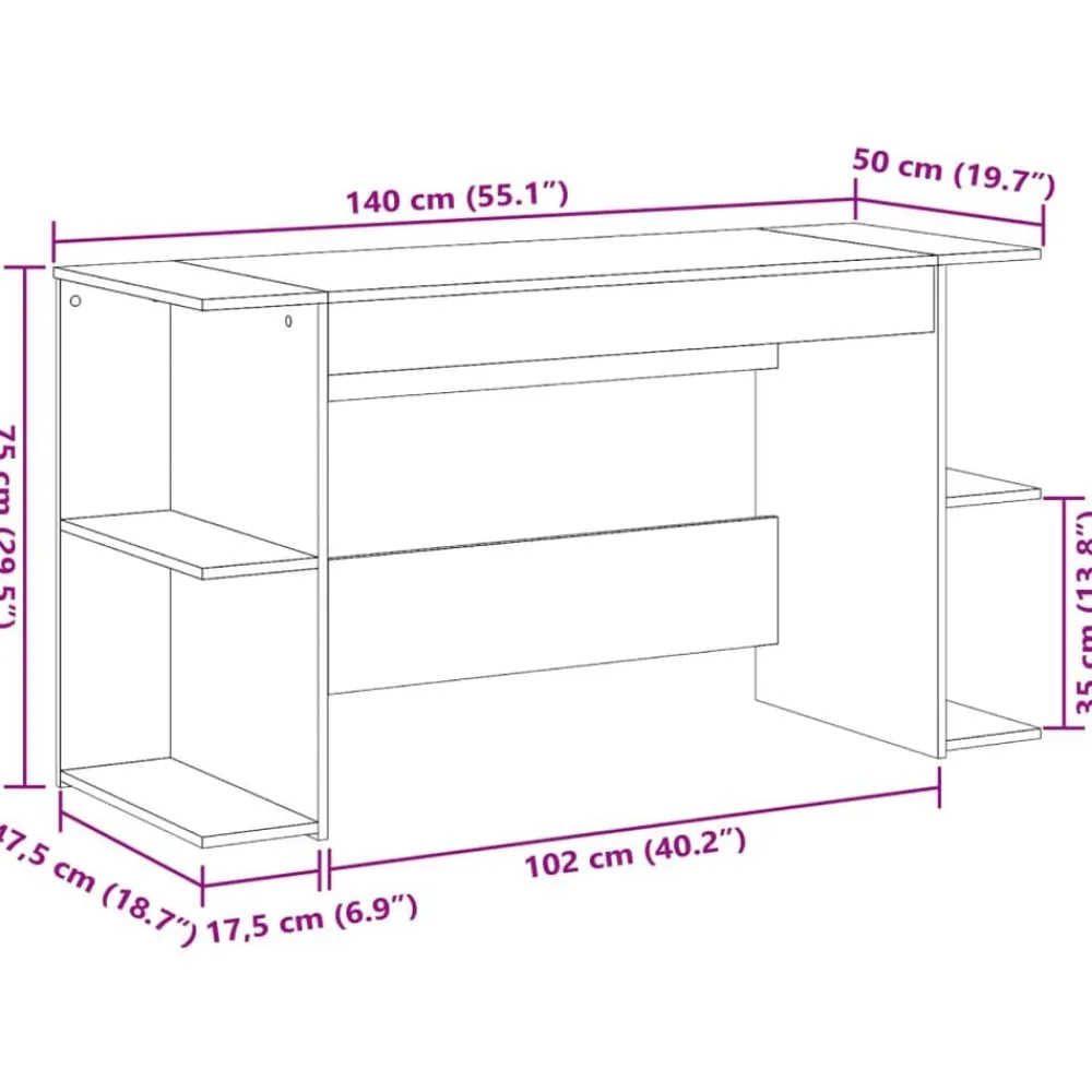 vidaXL Escritorio madera de ingeniería 140x50x75 cm Roble ahumado Clearance