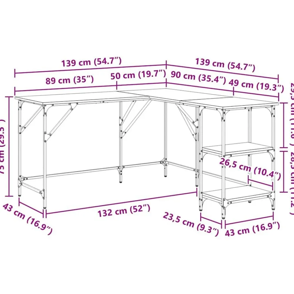 vidaXL Escritorio madera de ingeniería 139x139x75 cm Roble ahumado Discount