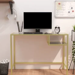 vidaXL Escritorio para ordenador vidrio negro mármol 100x36x74 cm m&aacute;rmol negro y dorado Discount