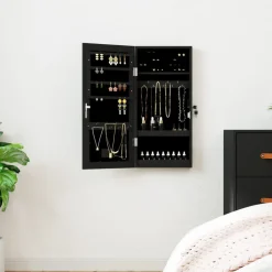 vidaXL Espejo con joyero y luces LED para pared Negro Clearance
