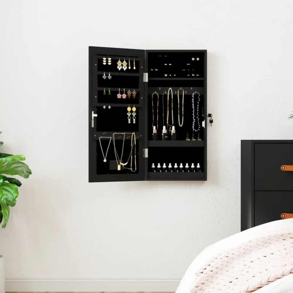 vidaXL Espejo con joyero y luces LED para pared Negro Clearance