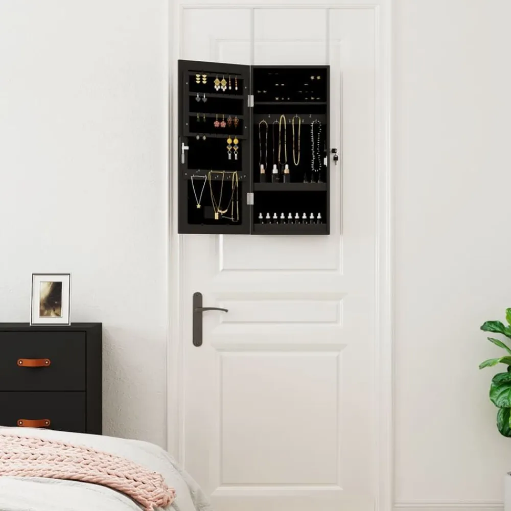 vidaXL Espejo con joyero y luces LED para pared Negro Clearance