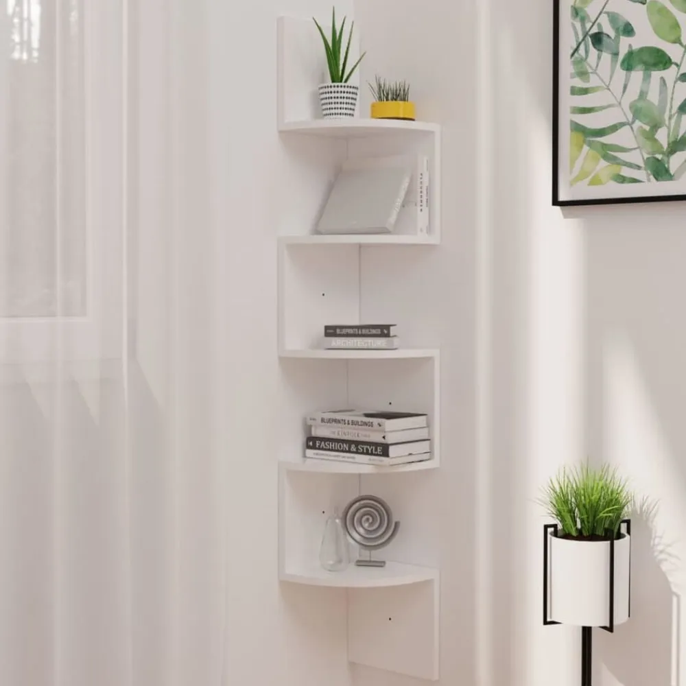 vidaXL Estanterías-Estante de esquina de pared madera de ingeniería blanco brillo