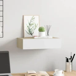 vidaXL Estante de pared con cajón de MDF (, 40 x 23,5 x 10 cm) Roble y blanco Hot