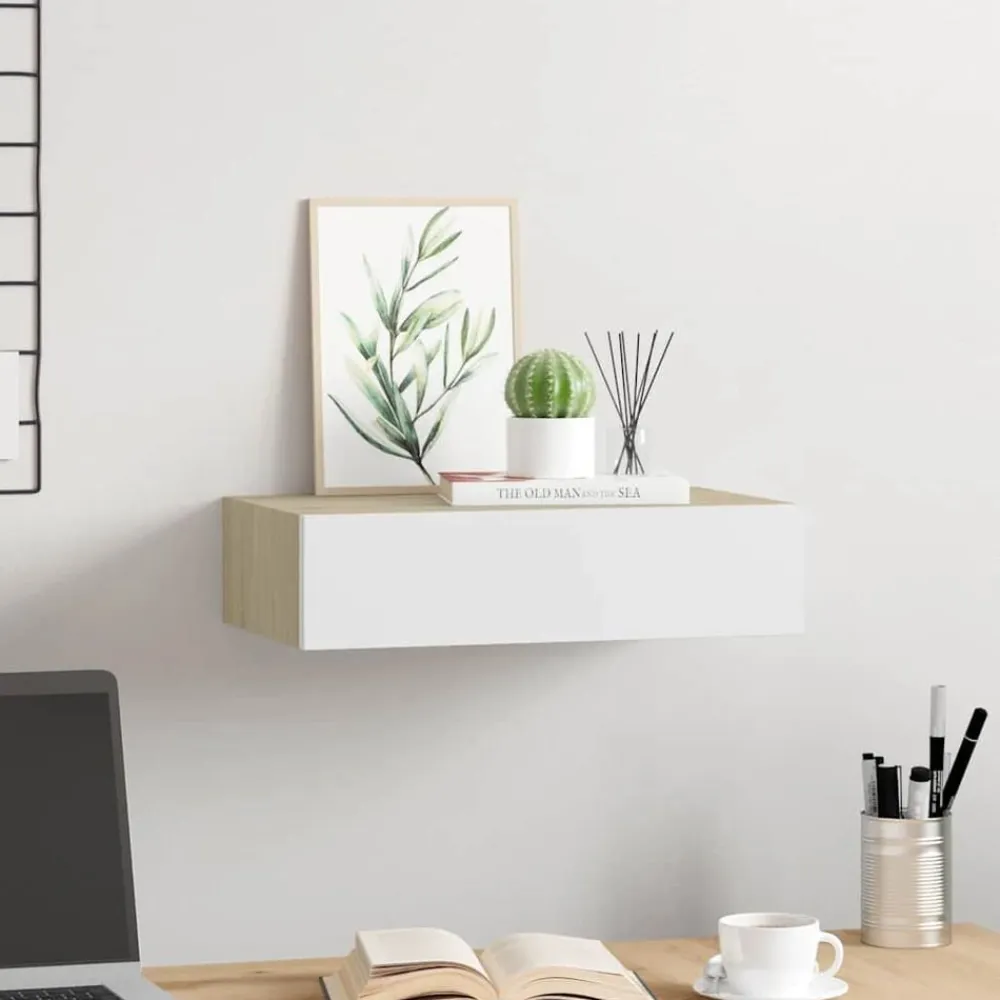 vidaXL Estante de pared con cajón de MDF (, 40 x 23,5 x 10 cm) Roble y blanco Hot