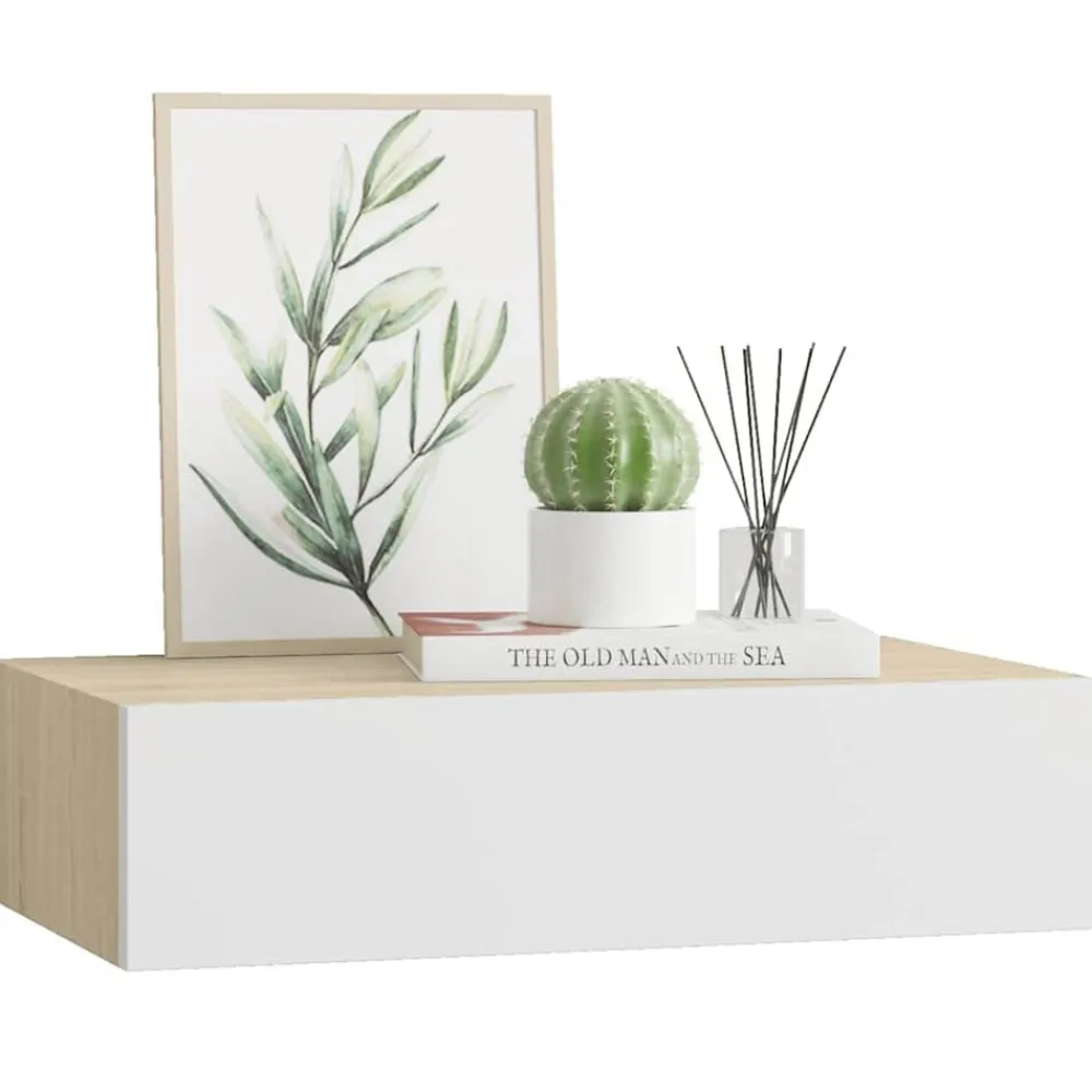 vidaXL Estante de pared con cajón de MDF (, 40 x 23,5 x 10 cm) Roble y blanco Hot