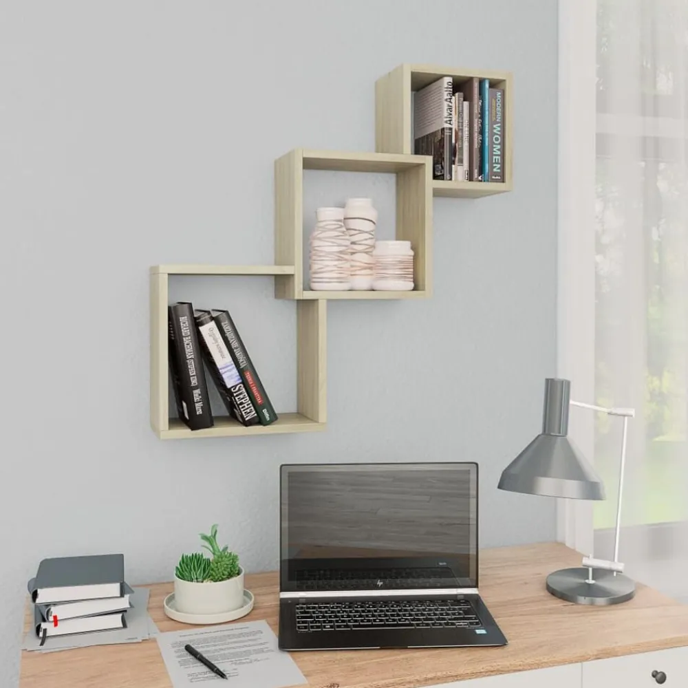 vidaXL Estanterías-Estante de pared de cubo contrachapada color roble 68x15x68cm