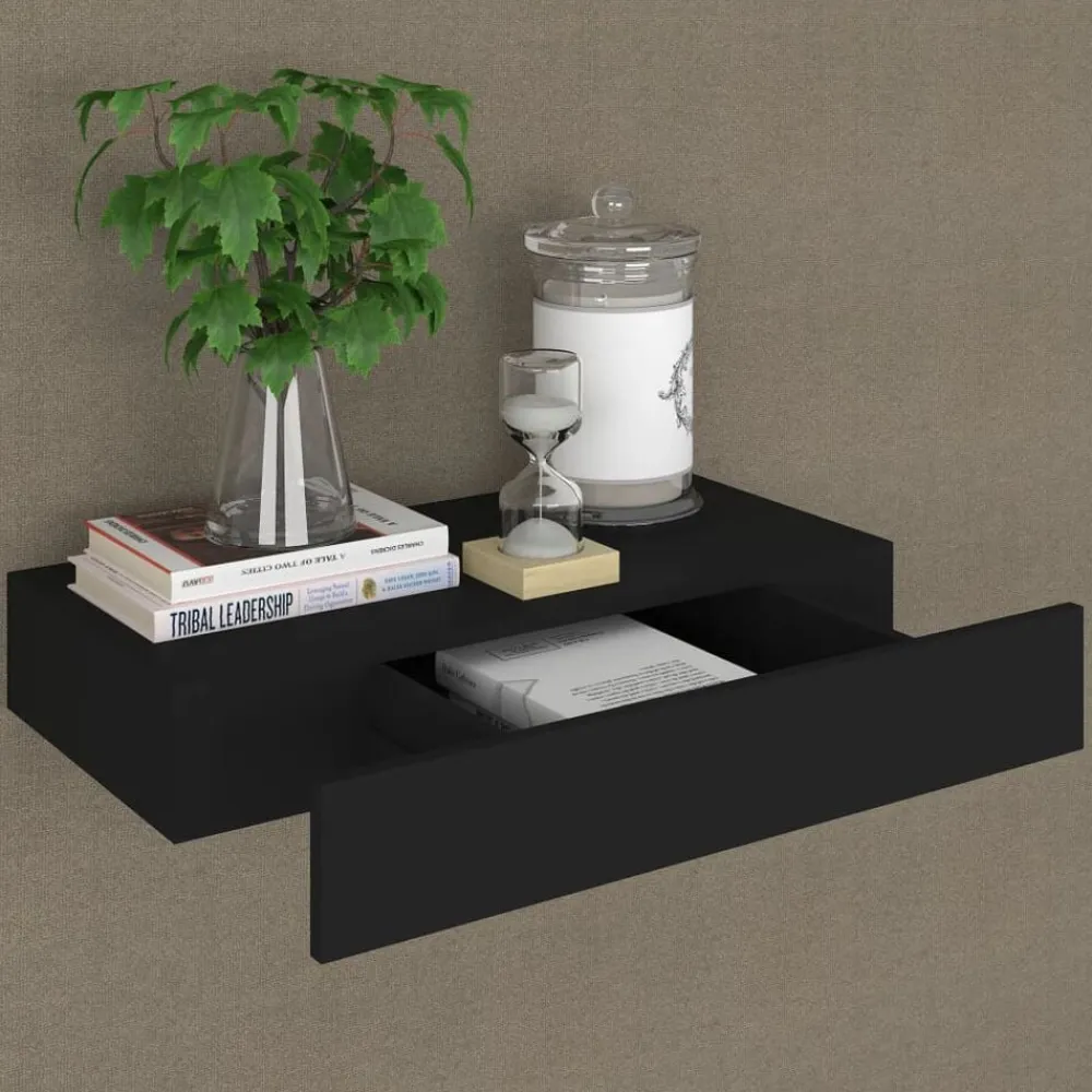 vidaXL Estante flotante de pared con cajón negro 48x25x8 cm