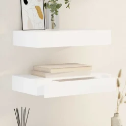 vidaXL Estanterías-Estante flotante pared con 1 cajón MDF blanco para libros/DVD