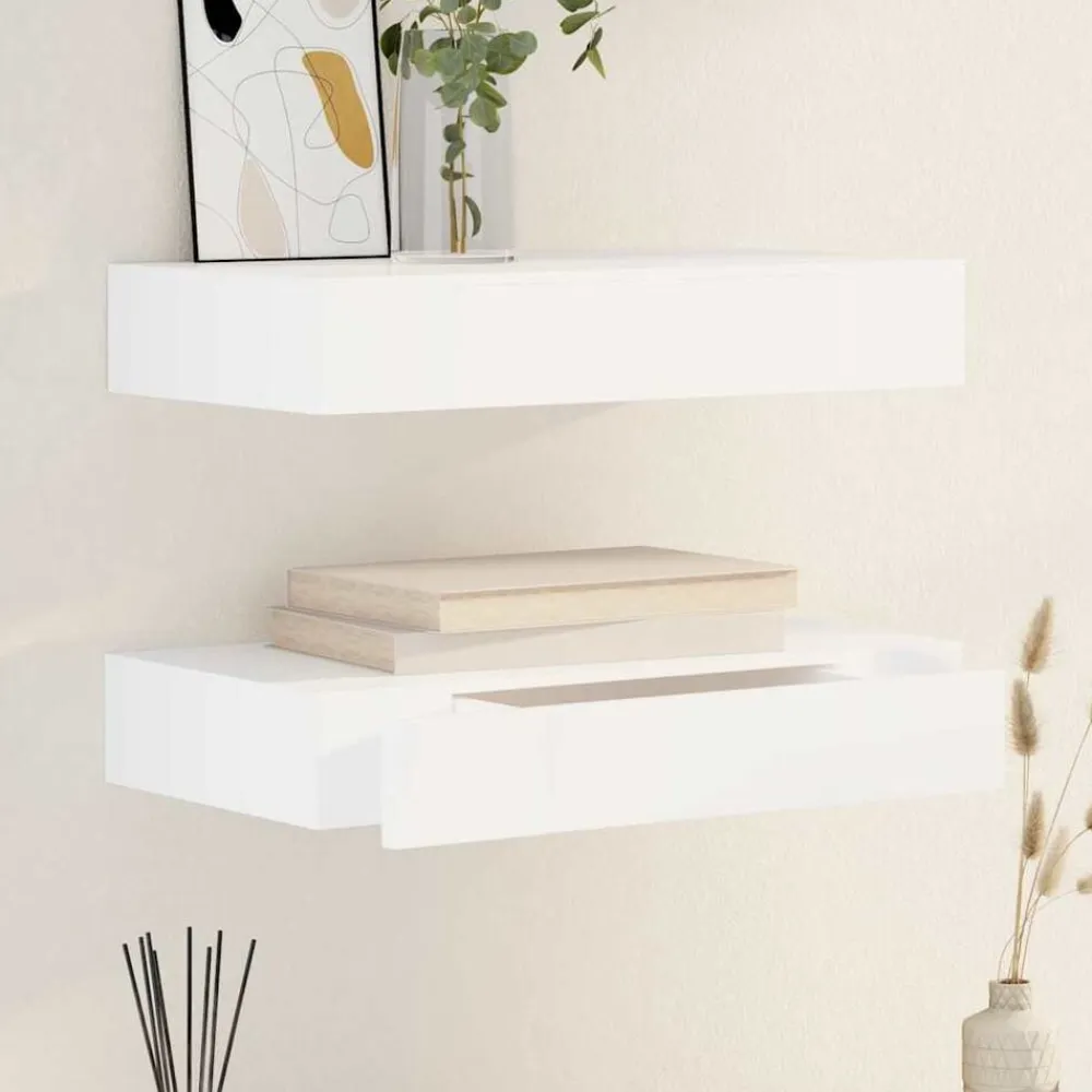 vidaXL Estanterías-Estante flotante pared con 1 cajón MDF blanco para libros/DVD