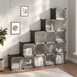 vidaXL Estantería de cubos con 15 compartimentos y puertas PP negro Negro y transparente New